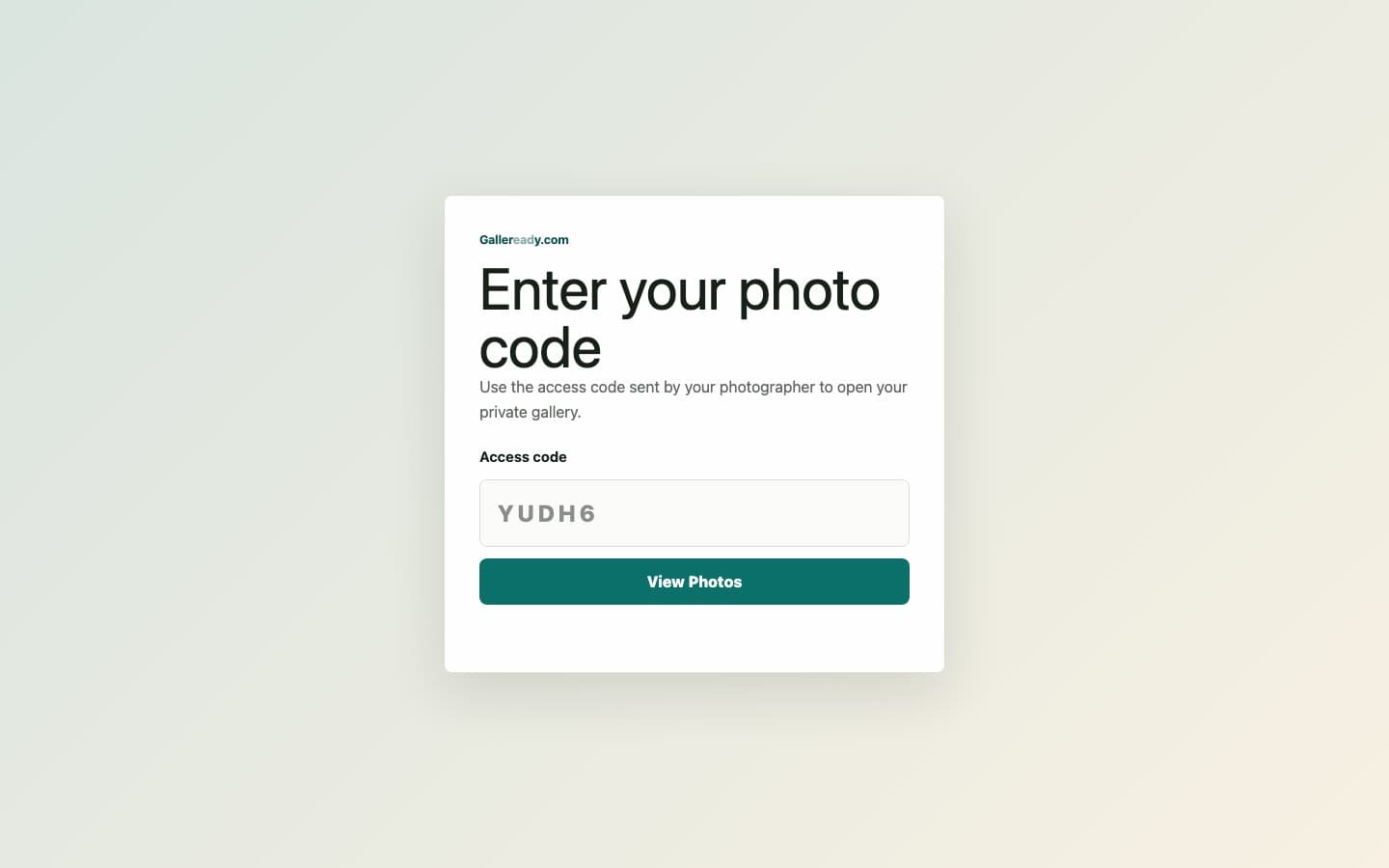 Galleready client access page with a photo code field and View Photos button
